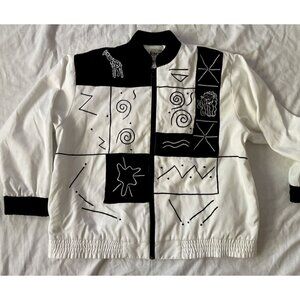 Giraffe Lion Vintage Joyce Womens White & Black Jacket Size 8 Color Block 90's